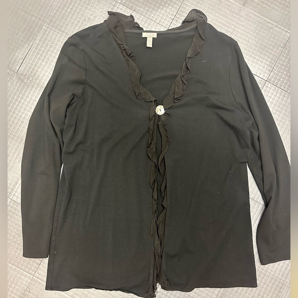 J.JILL WOMENS XL RUFFLE TRIM CARDIGAN BLACK 3/4 SLEEVE